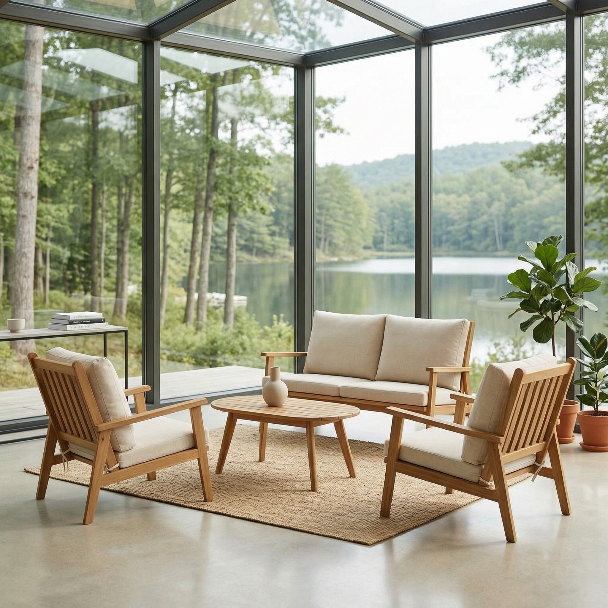  IN2OUT 4-Piece Acacia Wood Patio Conversation Set with Cushions, Outdoor Loveseat, 2 Lounge Chairs & Coffee Table